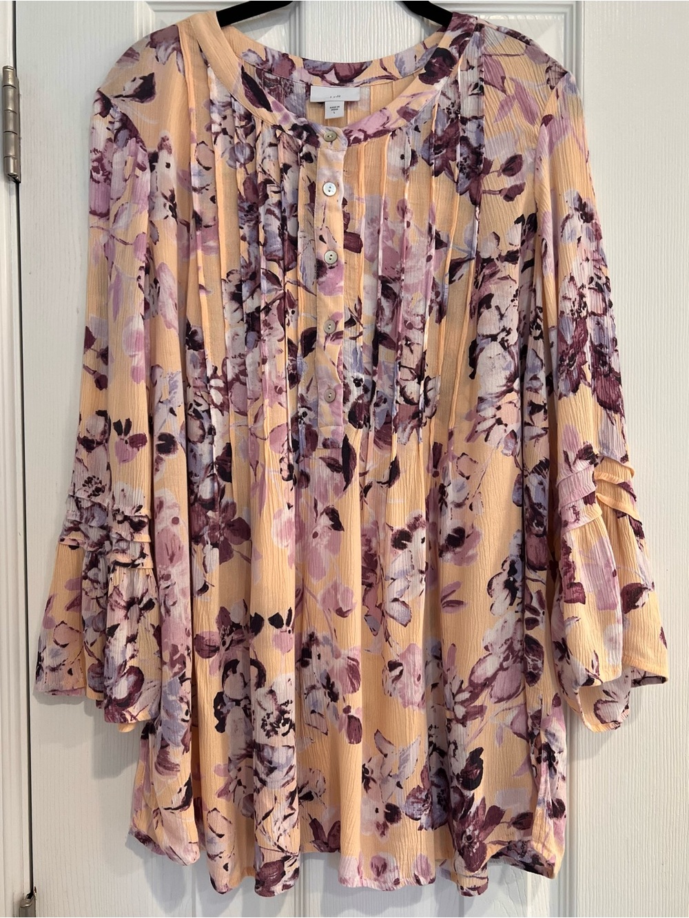 J. Jill Bell Sleeve Tunic Floral Pintuck Pleat Women’s Blouse Crinkle Gauzy L
